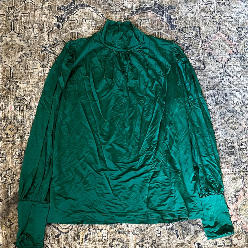 & Other Stories Green Turtleneck Long Sleeve Blouse Medium Satin Stretch Top
